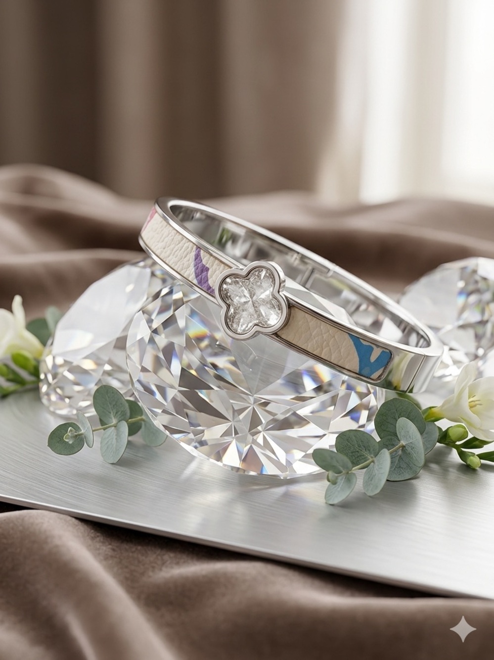 Stainless Steel Clover Accent Bangle with white and Multicolor Inlay